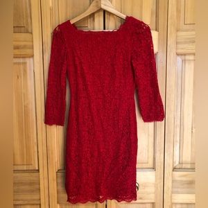 Cache Red Lace Sheath Dress Size 4 Cocktail Party Eyelash Trim EUC